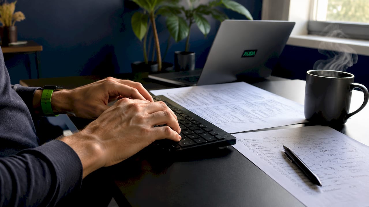 Des mains en pleine rédaction de documents stratégiques pour un site web