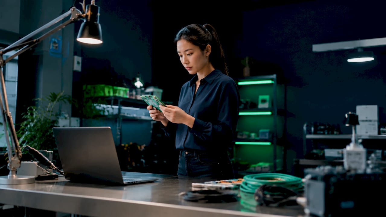 Des mains en train d’installer un composant serveur sur un établi technique.