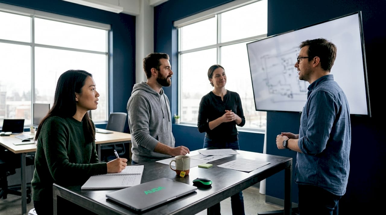 Des collaborateurs d’une PME échangent sur les enjeux du machine learning lors d’une réunion de travail.