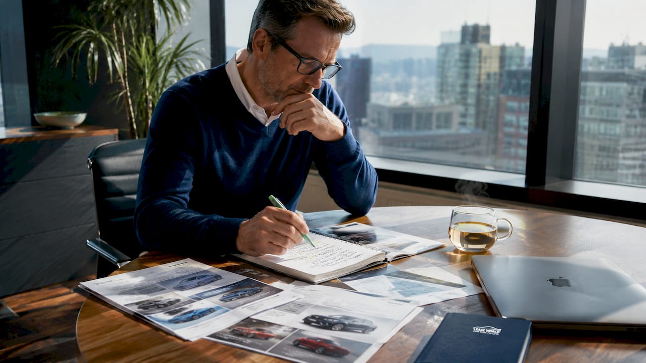 Man reviewing short-term lease brochures in office