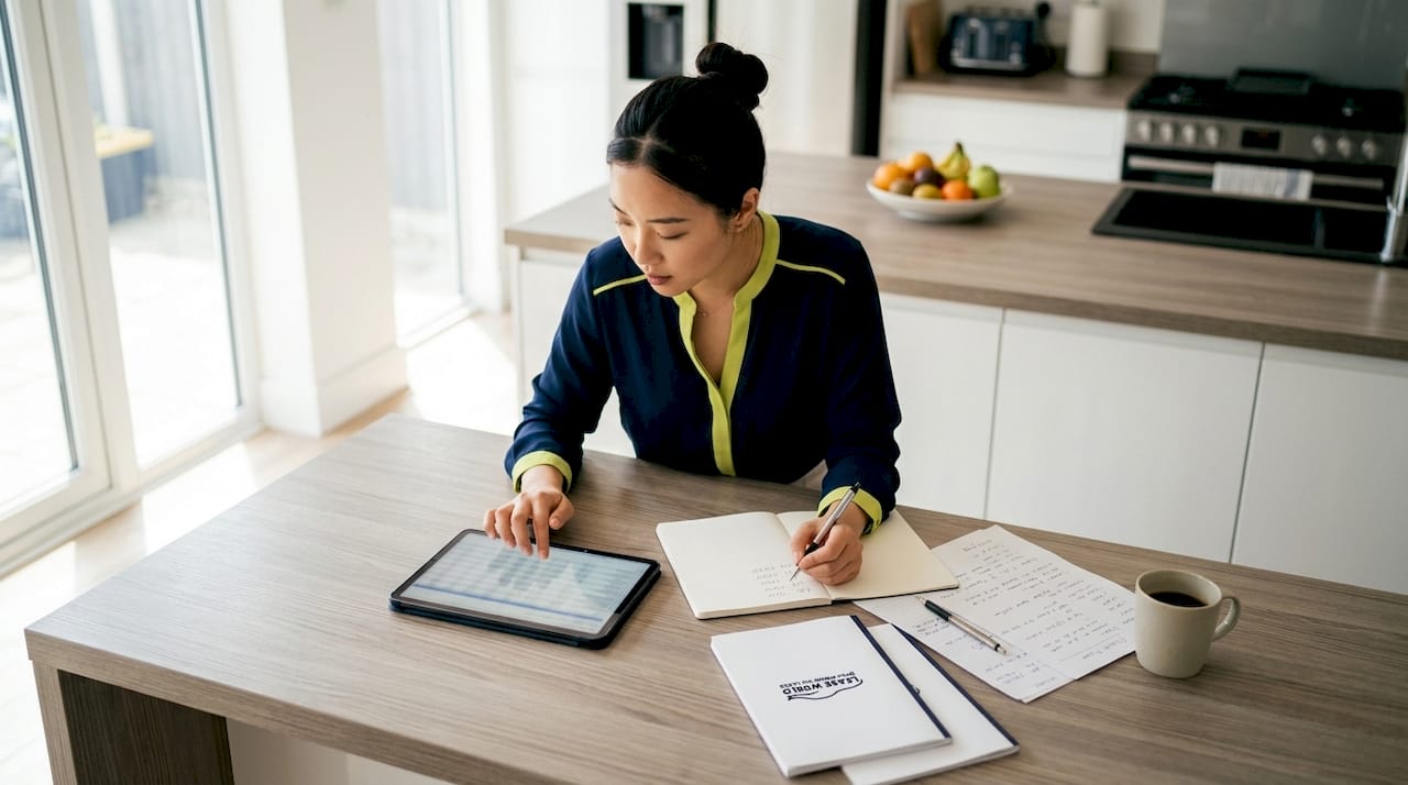 Woman calculating car lease total cost in office