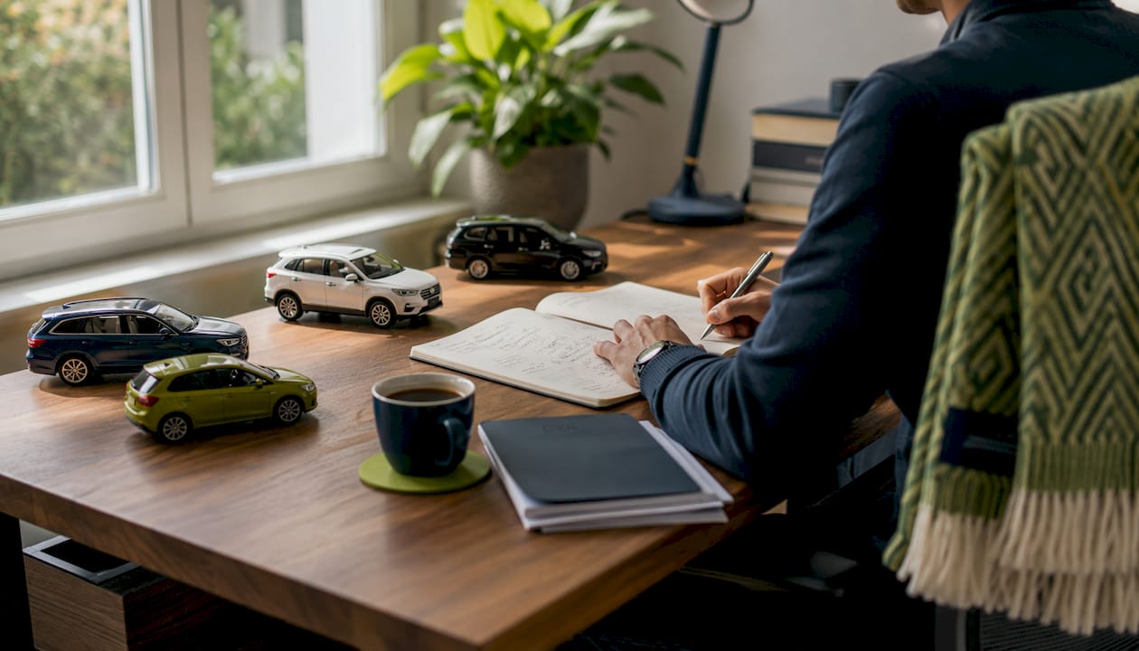 Overhead view of car model types and lease brochures