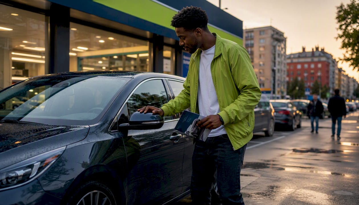 Young man examining leased hatchback car