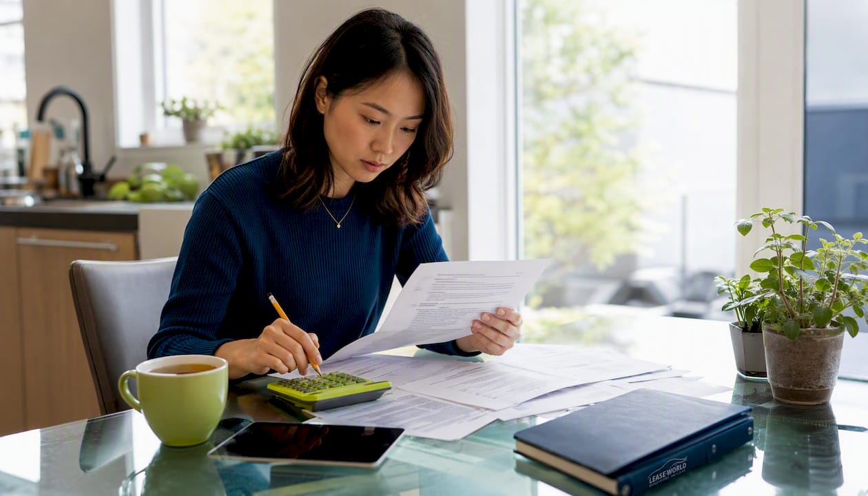 Woman calculating car lease mileage charges at home