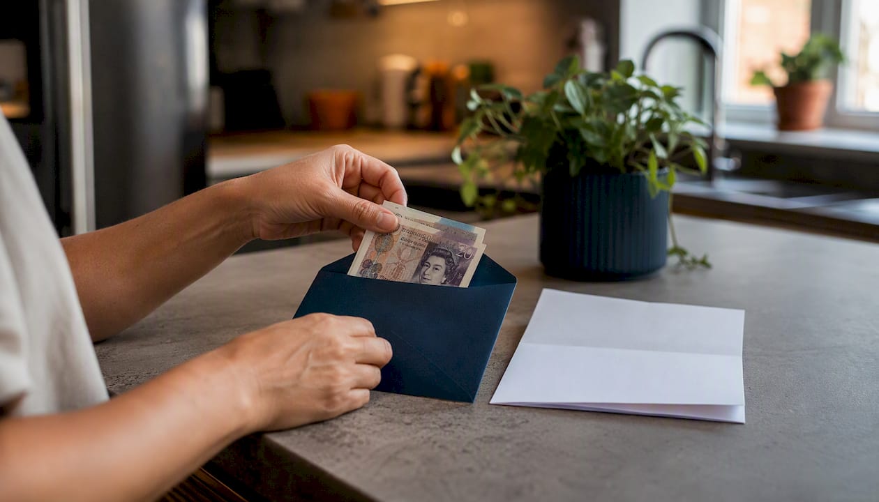 Hands placing money into envelope