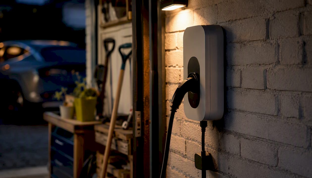 EV charging cable plugged in home at night