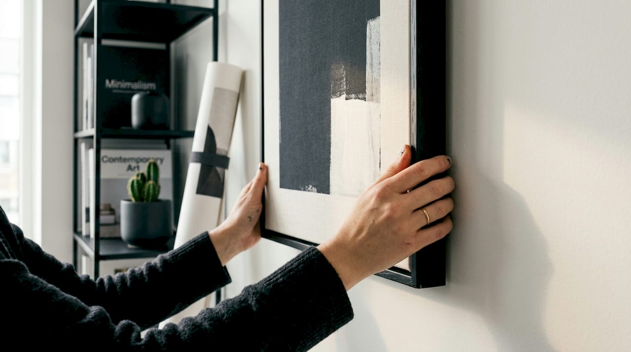 Hands mounting canvas print, poster shows damage