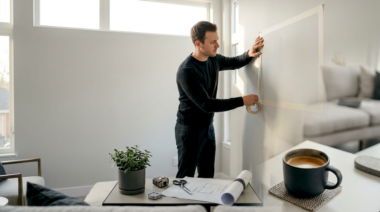 Man prepping wall for large canvas art