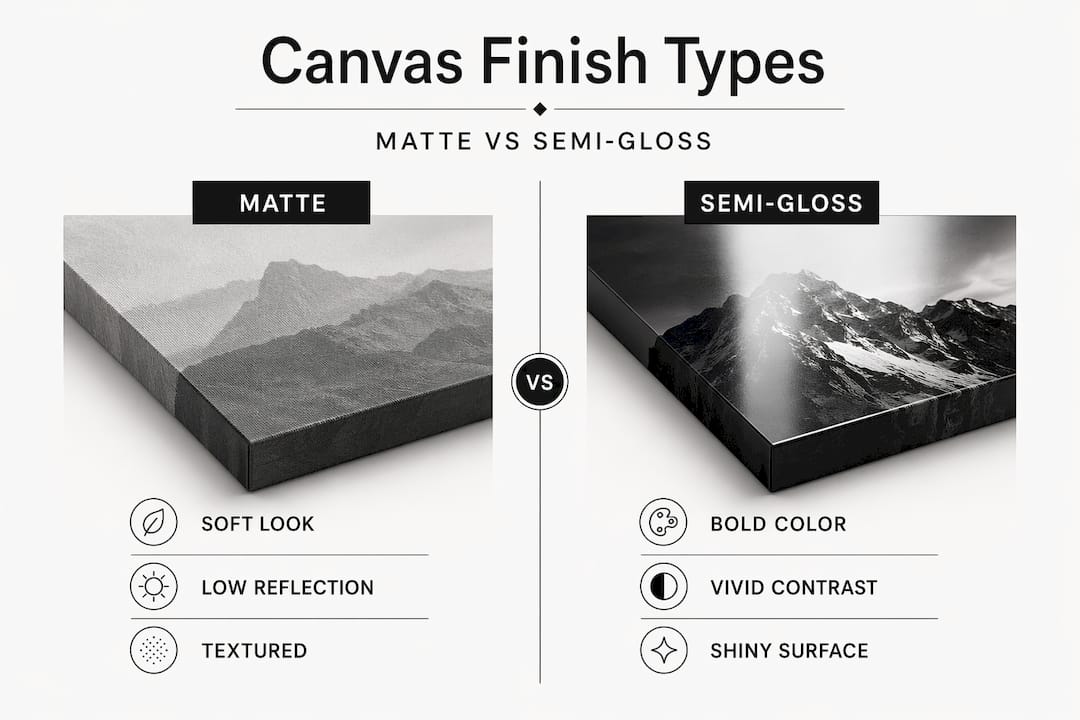 Infographic comparing matte and semi-gloss canvas finishes