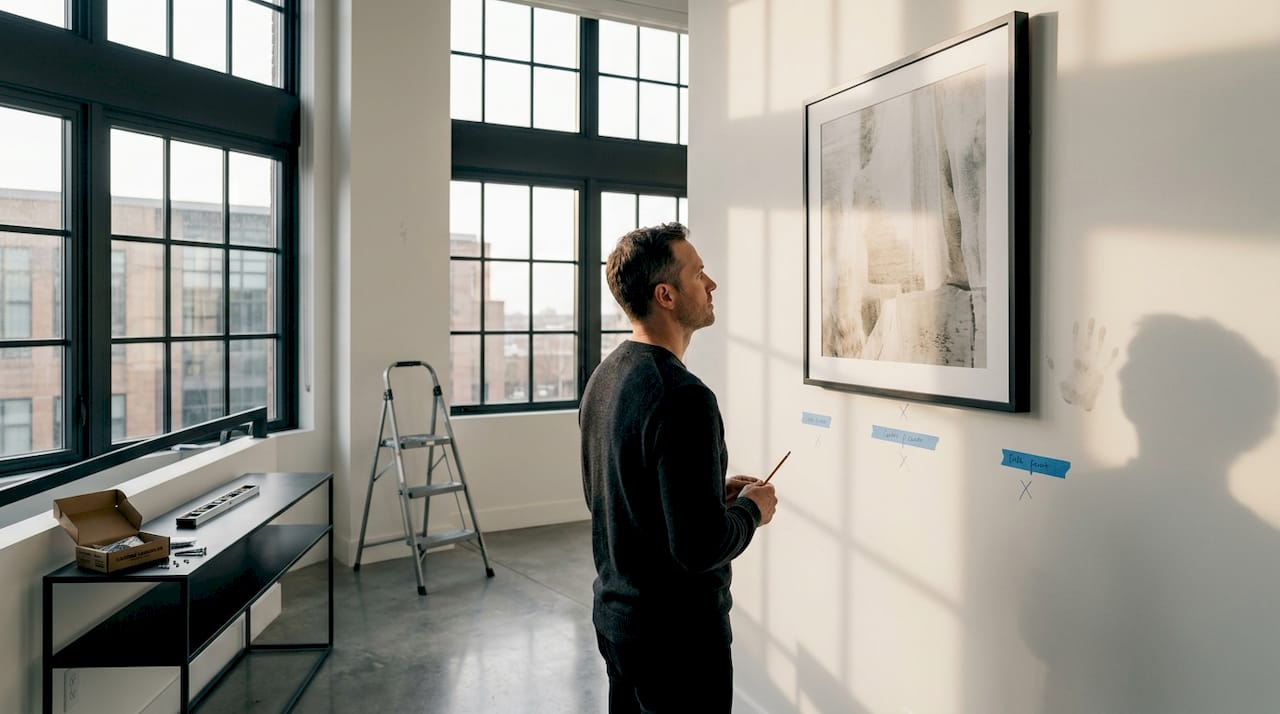 Homeowner evaluating large art on tall wall