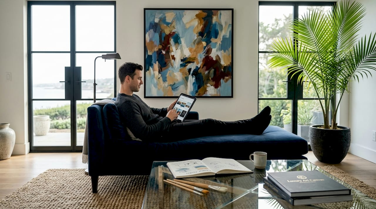 Man relaxing under abstract canvas art
