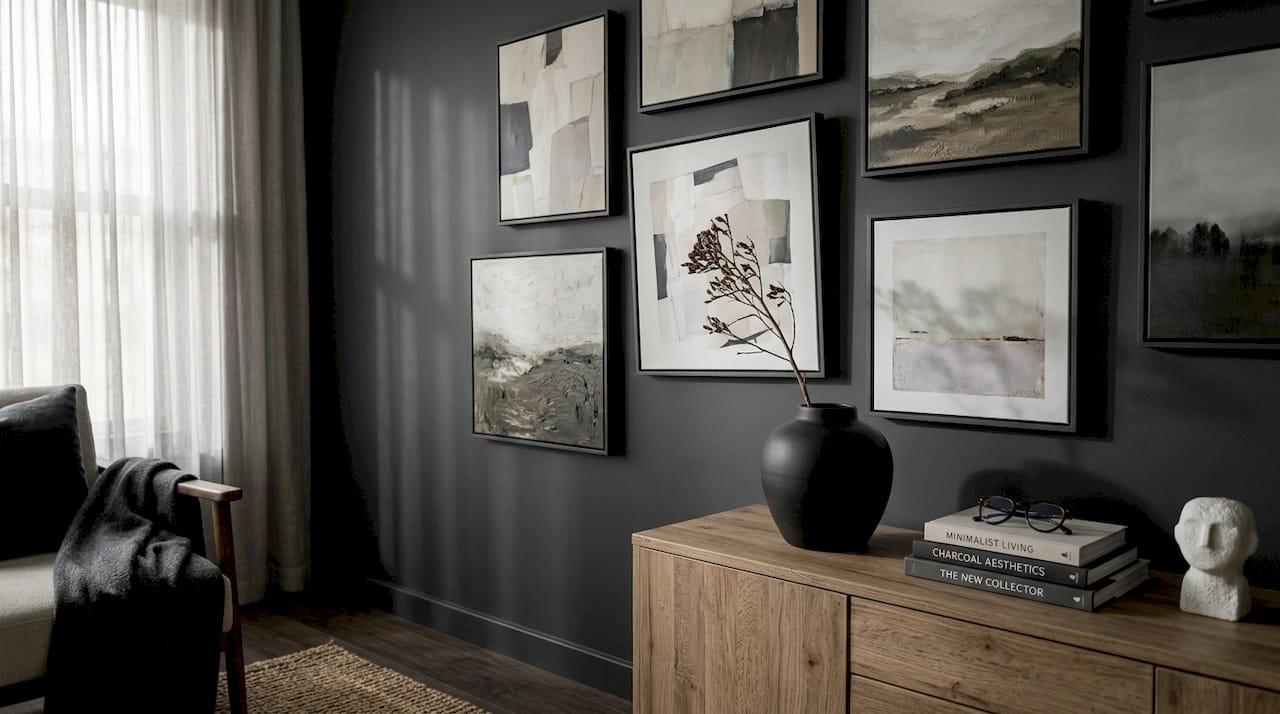 Gallery wall with symmetrically arranged canvas art above console