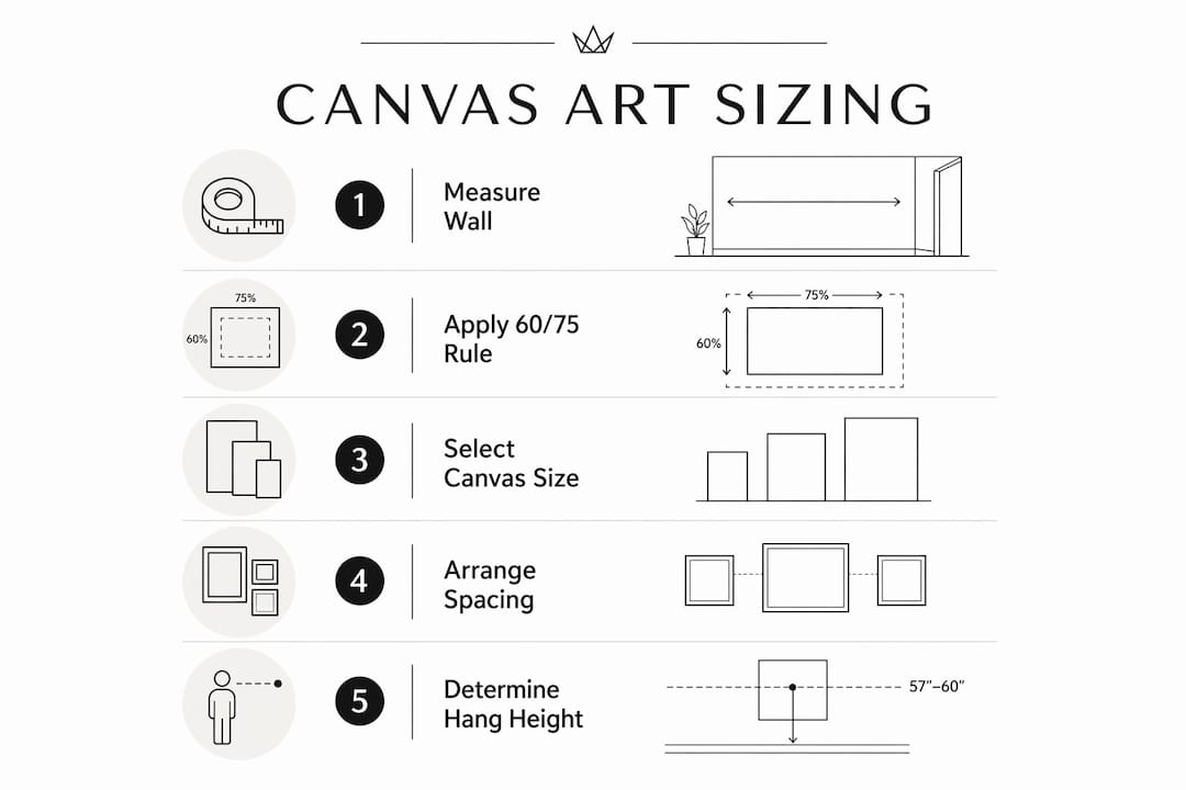 Infographic illustrating steps to size and arrange canvas art