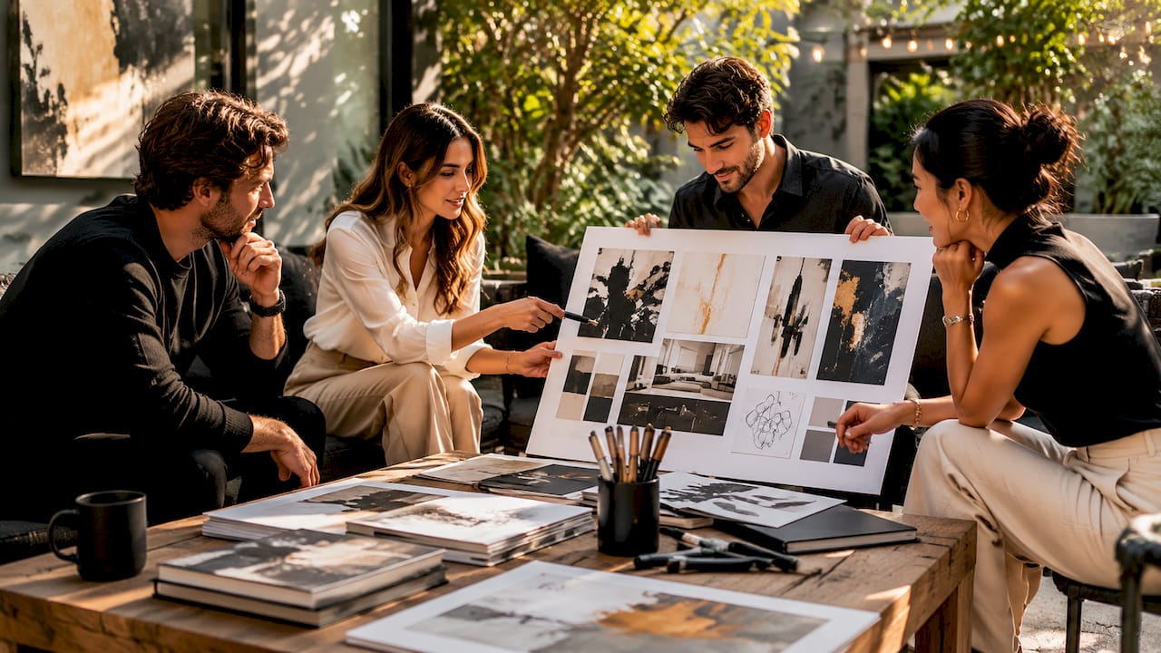 Employees discussing office art selection