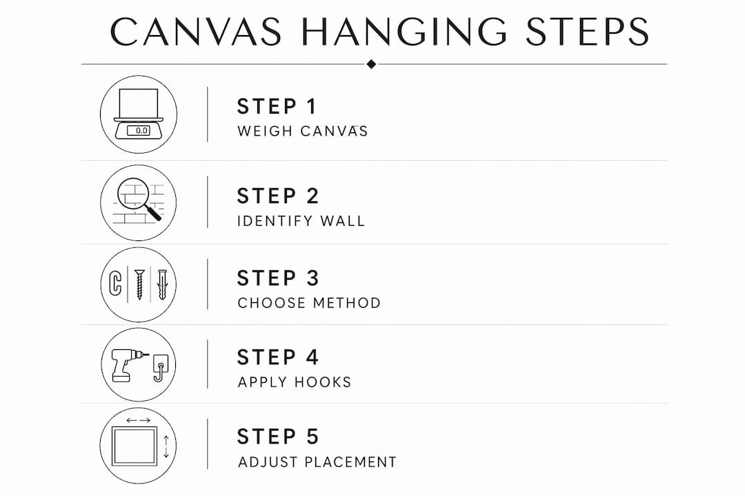 Infographic illustrating step-by-step canvas hanging process