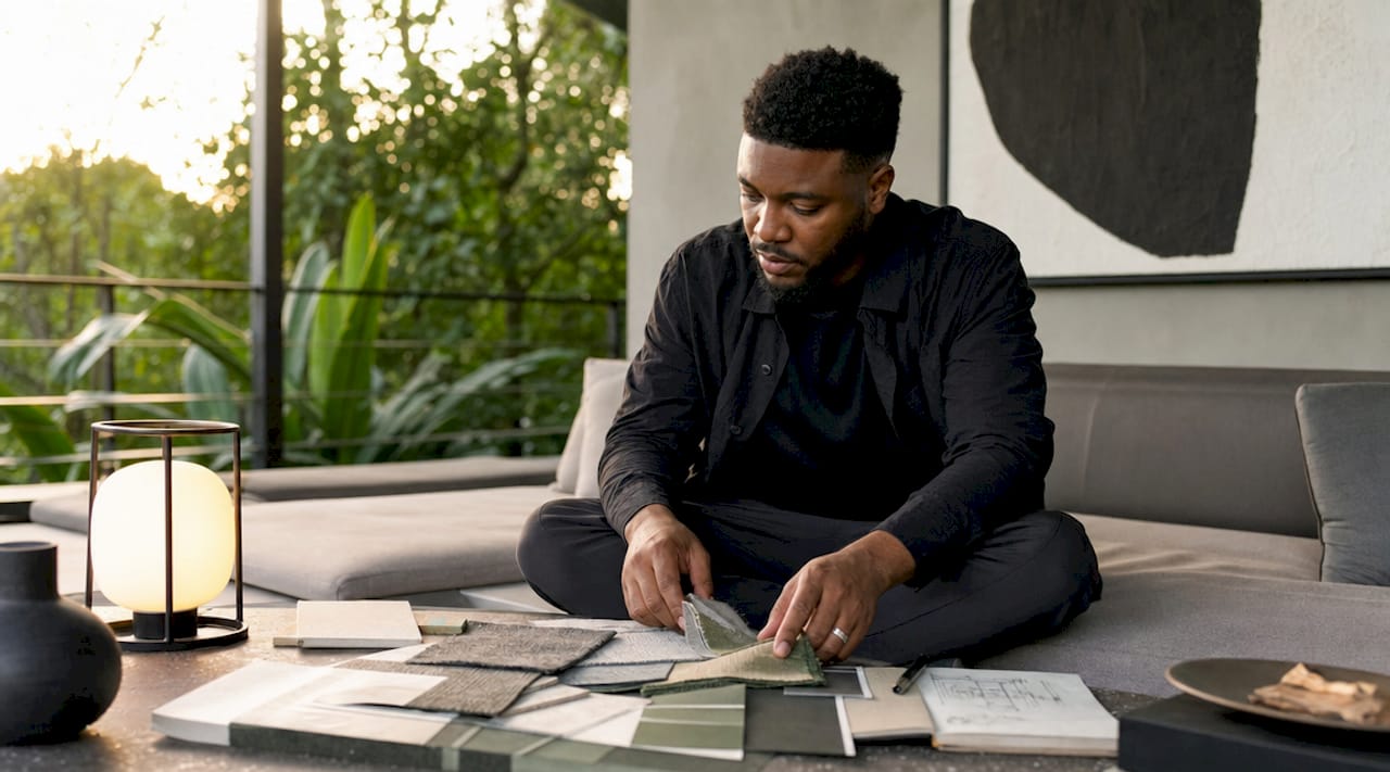Designer reviewing materials near minimalist canvas art