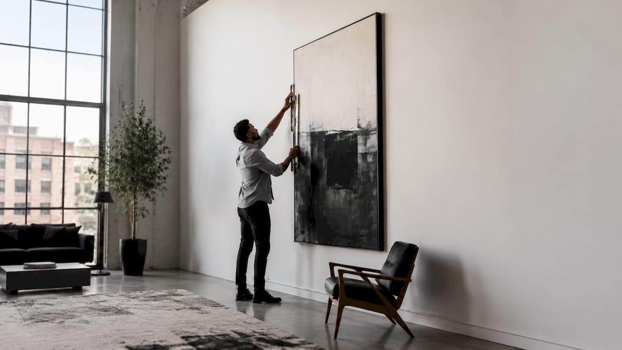 Man hanging large vertical artwork in high-ceiling room