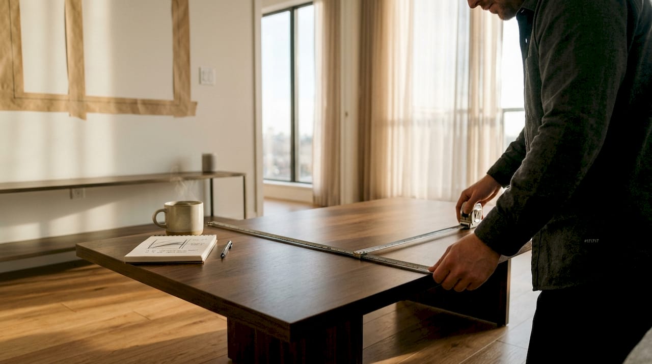 Hands measuring sofa width for artwork size