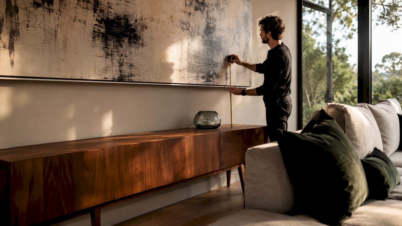 Person measuring wall art scale in living room