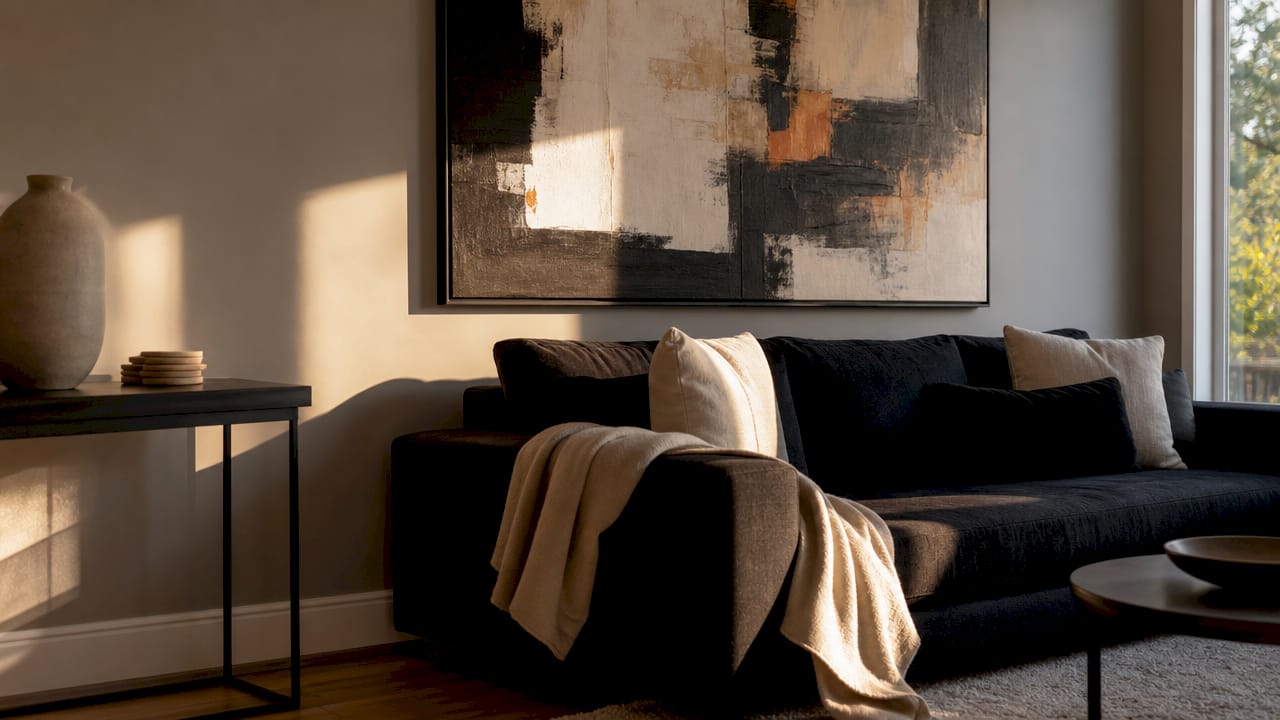 Bold statement art above sofa and mantelpiece