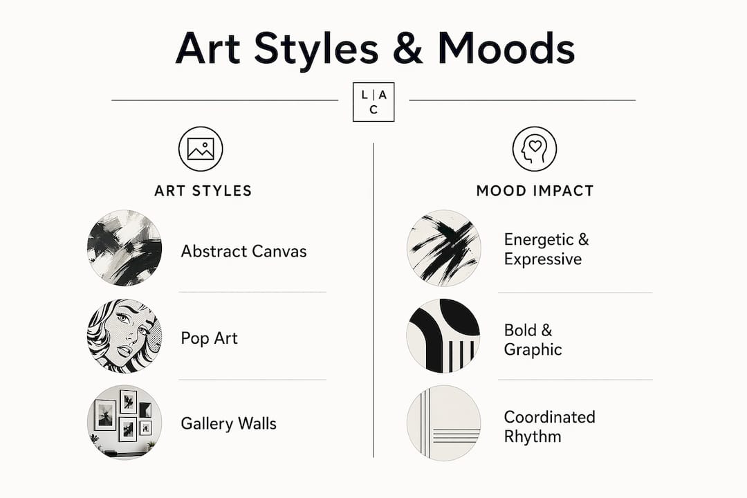 Infographic comparing art styles and their mood impact in living rooms