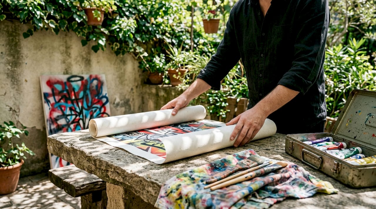 Hands unrolling limited-edition graffiti print with canvas