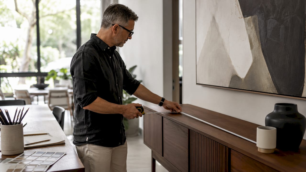 Designer measuring furniture width for oversized print