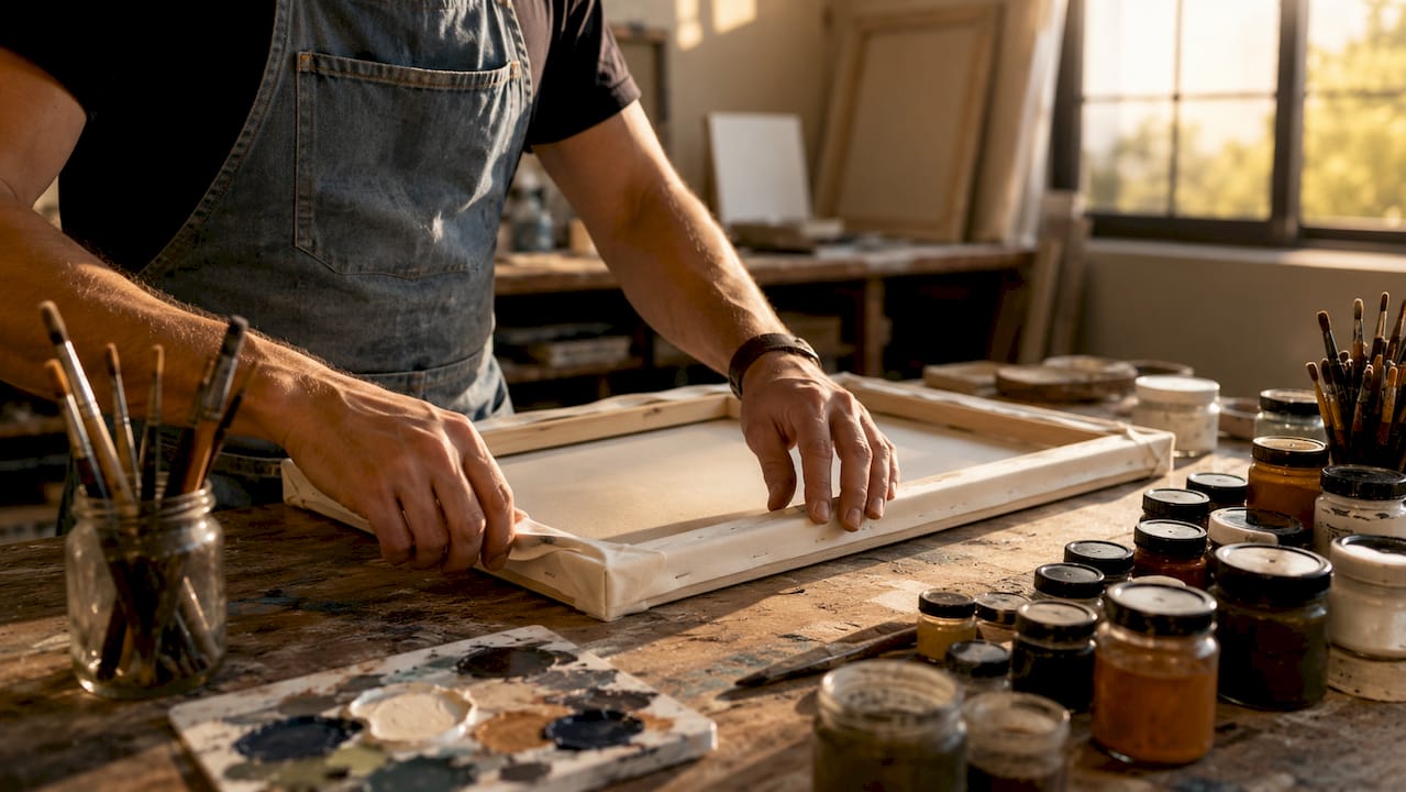 Artist preparing archival materials on canvas