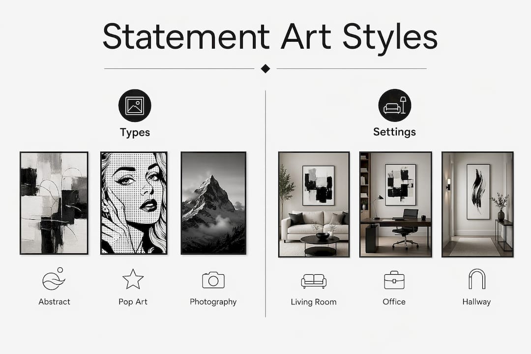 Infographic comparing types and settings of statement wall art