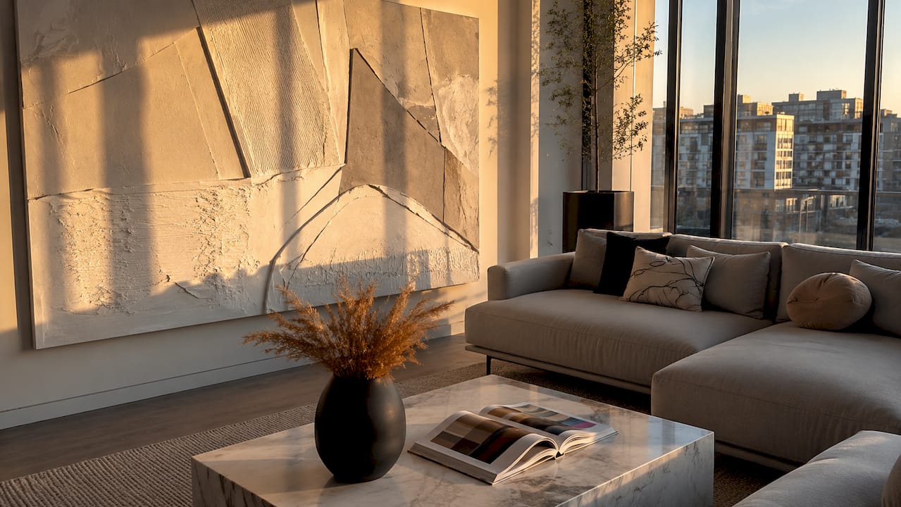 Close-up textured 3D wall art with soft lighting