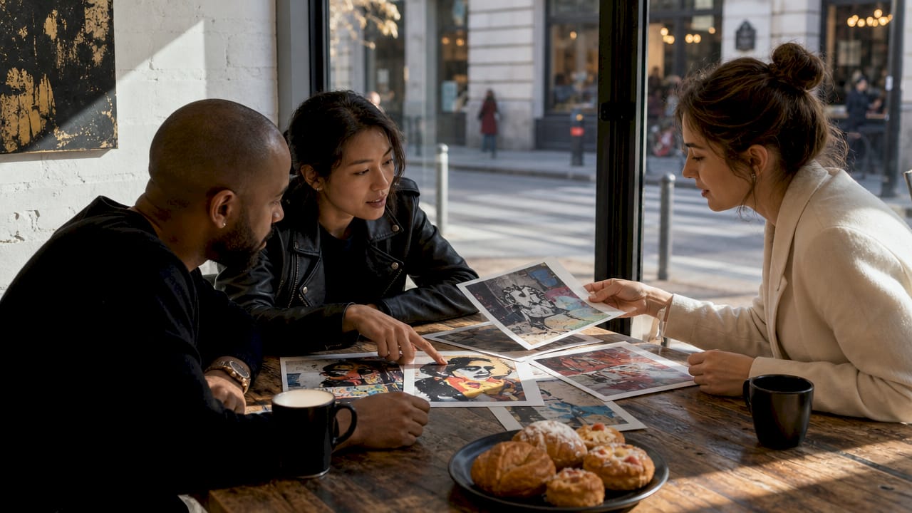 Diverse team reviewing art style samples at meeting table