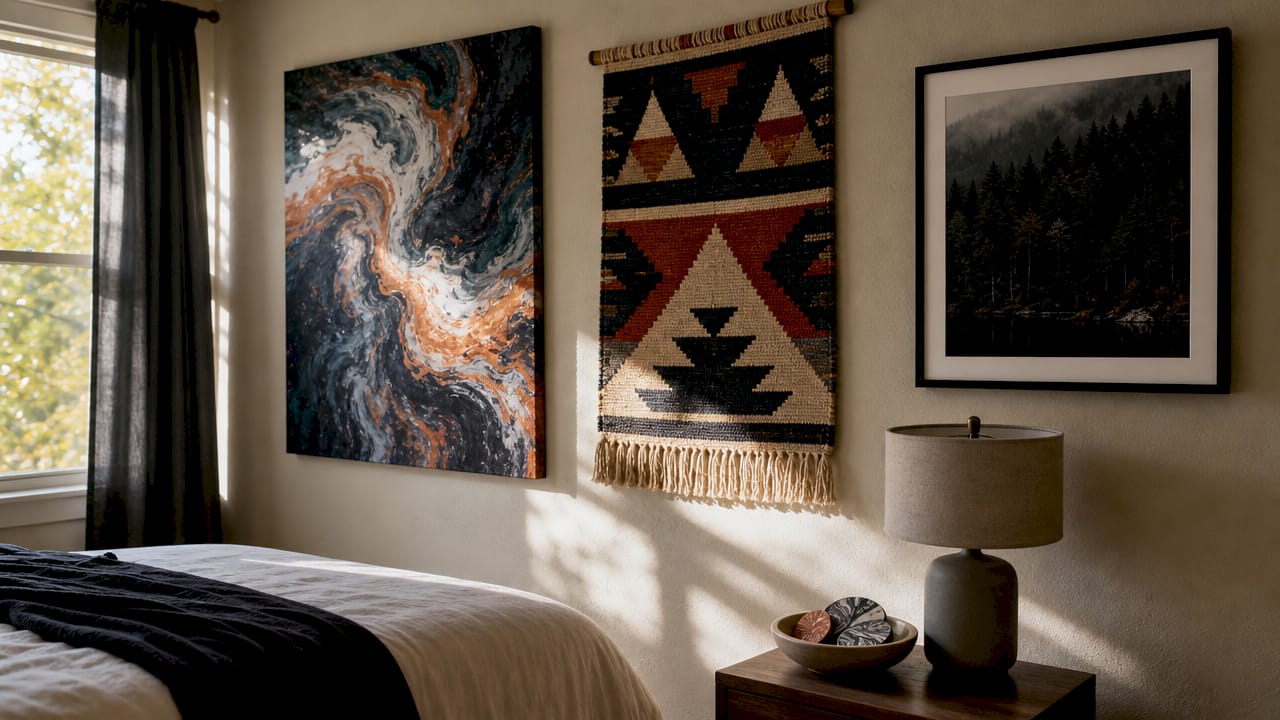 Close-up of diverse bedroom wall art types on wall