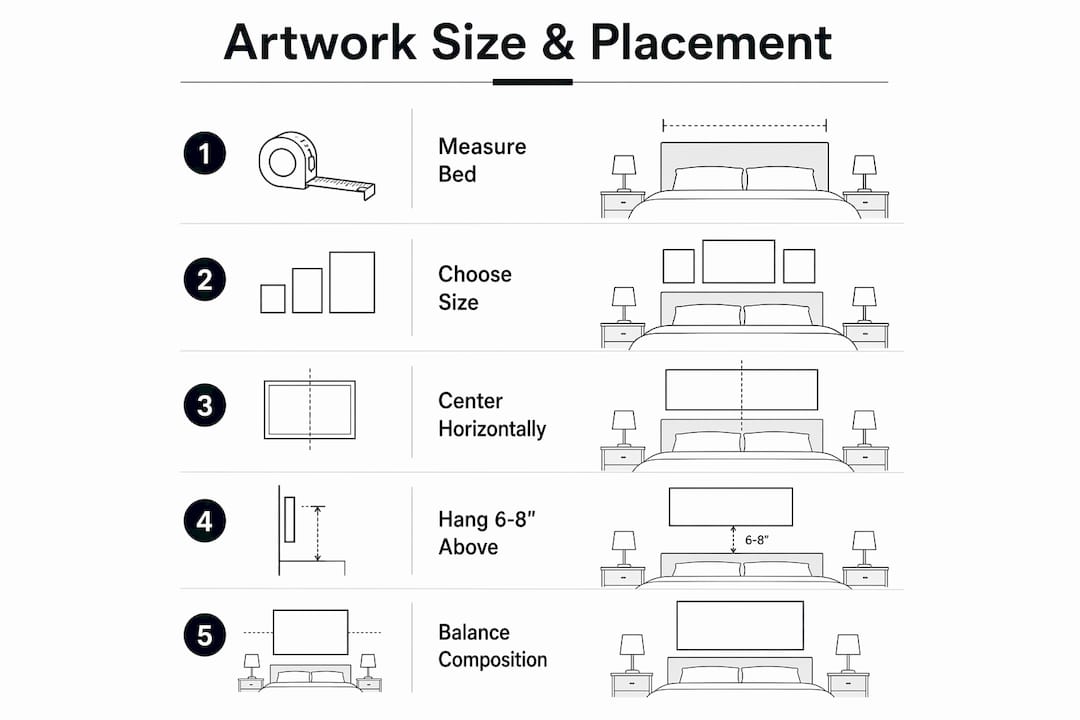 Infographic illustrating bedroom wall art size and placement steps