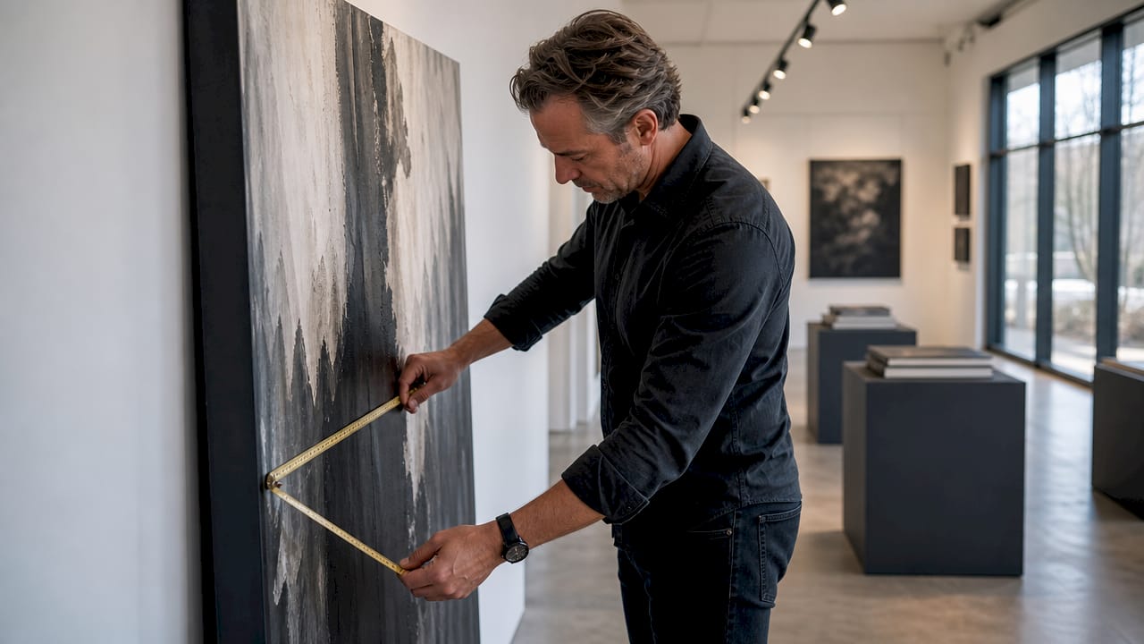 Man measuring large canvas in luxury room