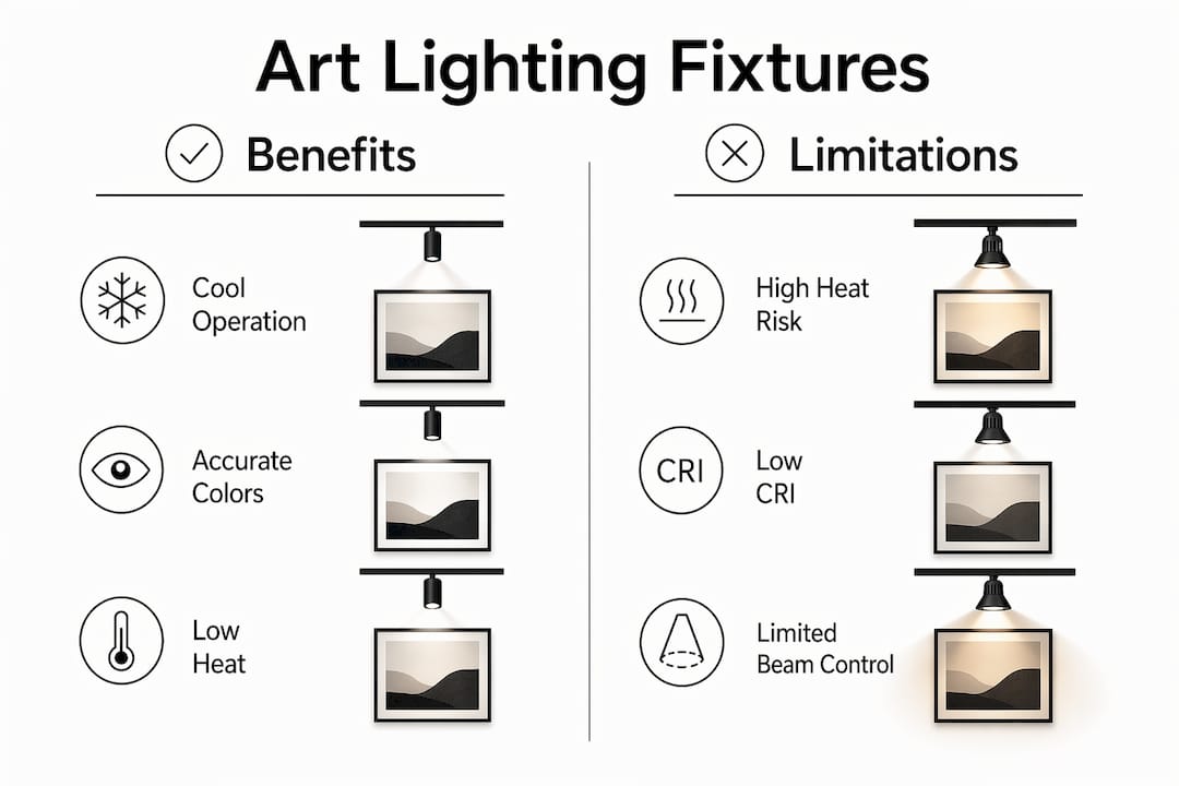 Infographic comparing art lighting fixture benefits and limitations