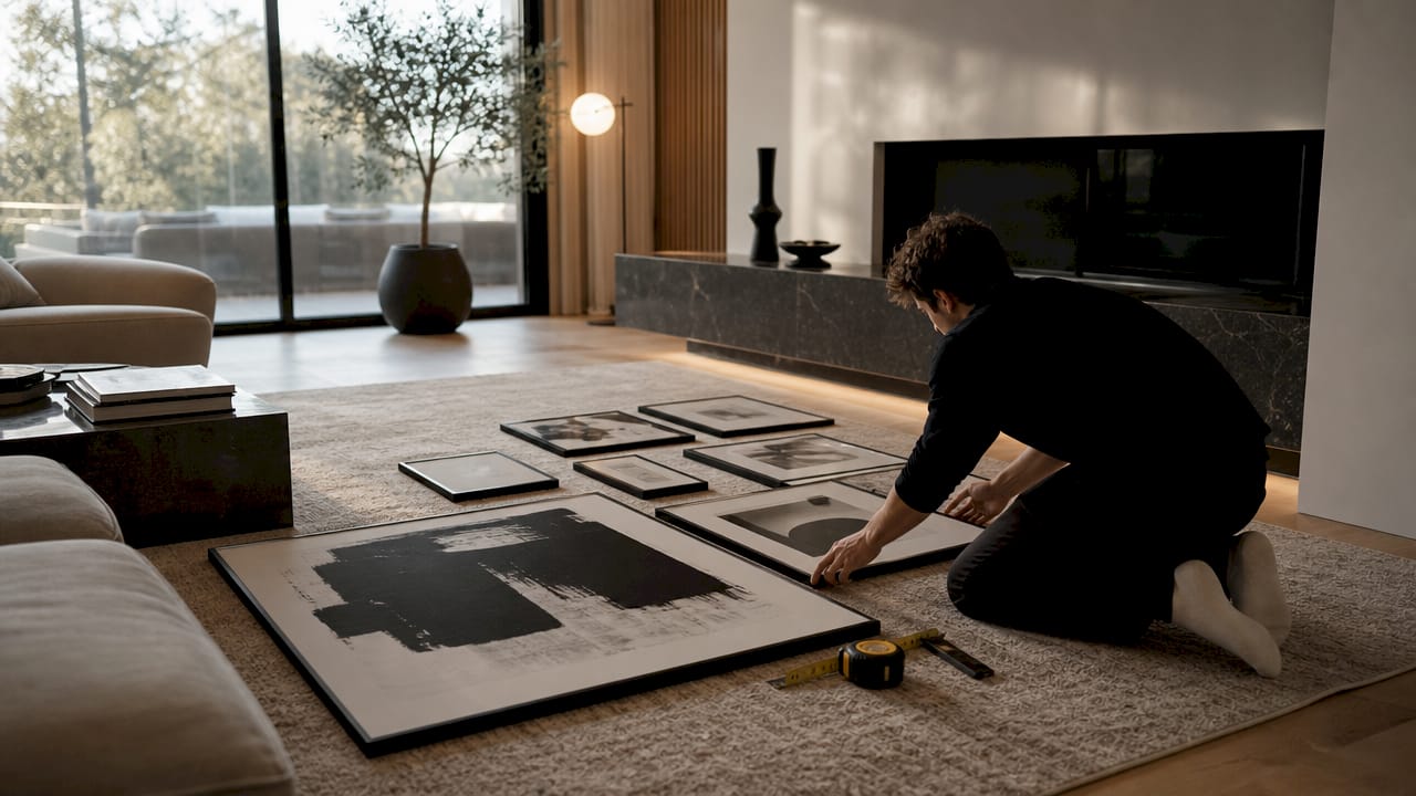 Top-down view of art prints laid out for arrangement planning