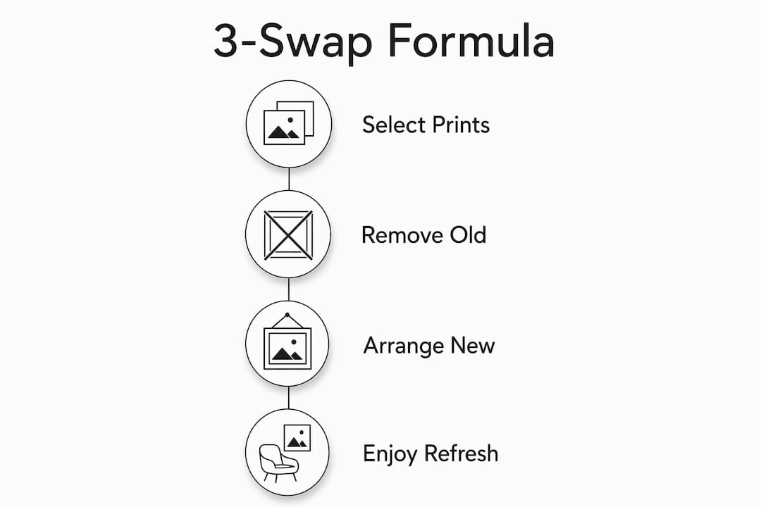 Infographic illustrating the 3-Swap Formula steps for wall art refresh