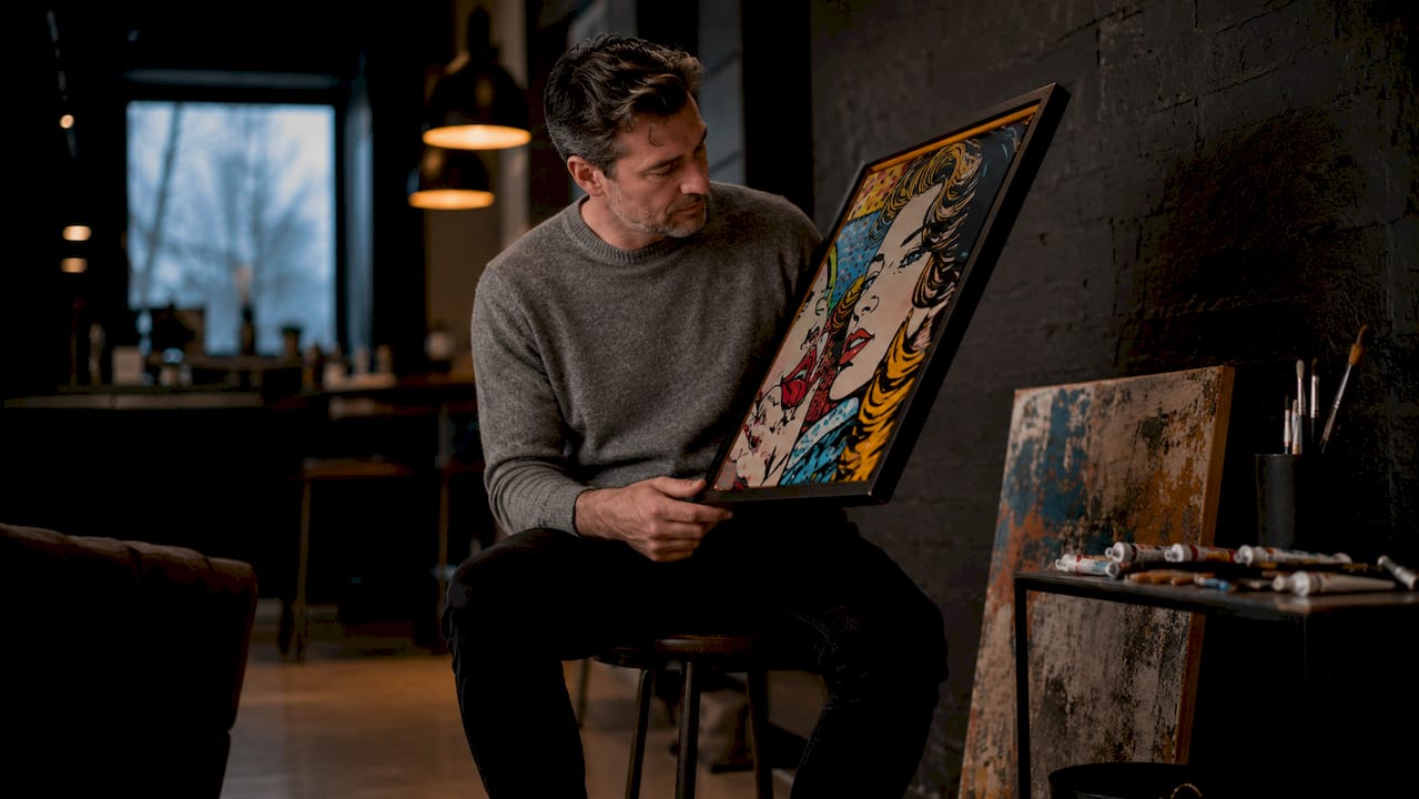 Man evaluating pop art print in studio apartment