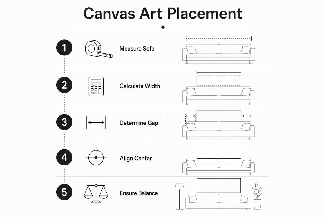 Infographic illustrating steps for canvas art placement above sofa