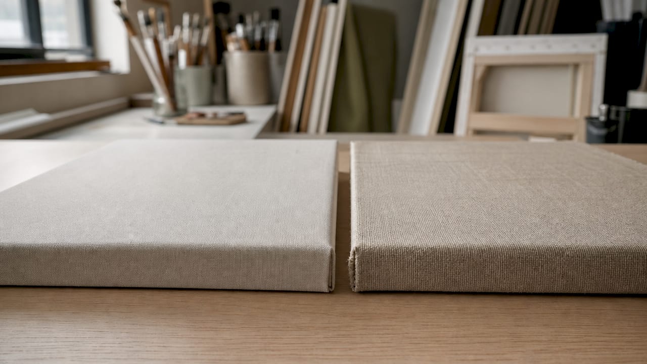 Close-up of linen and cotton canvas weave comparison