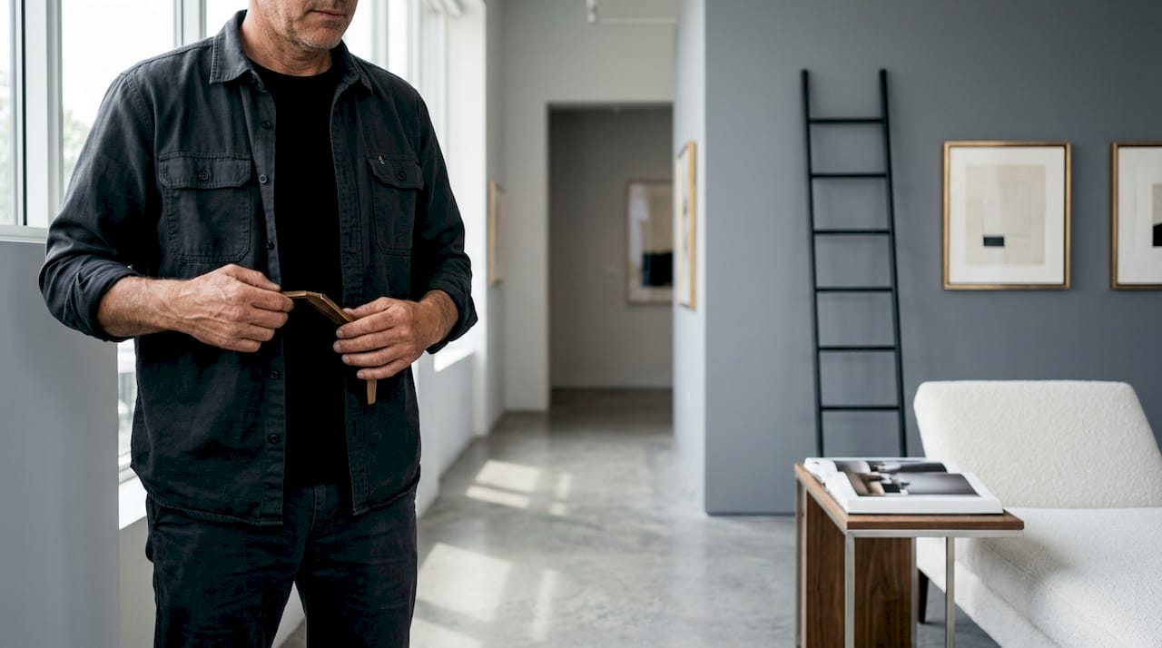 Artisan measuring spacing on luxury gallery wall