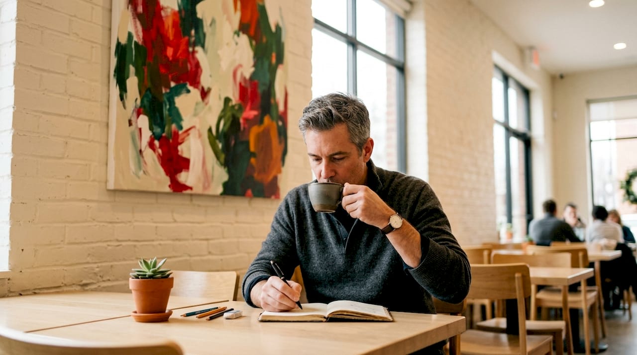 Man working at desk near bold canvas art
