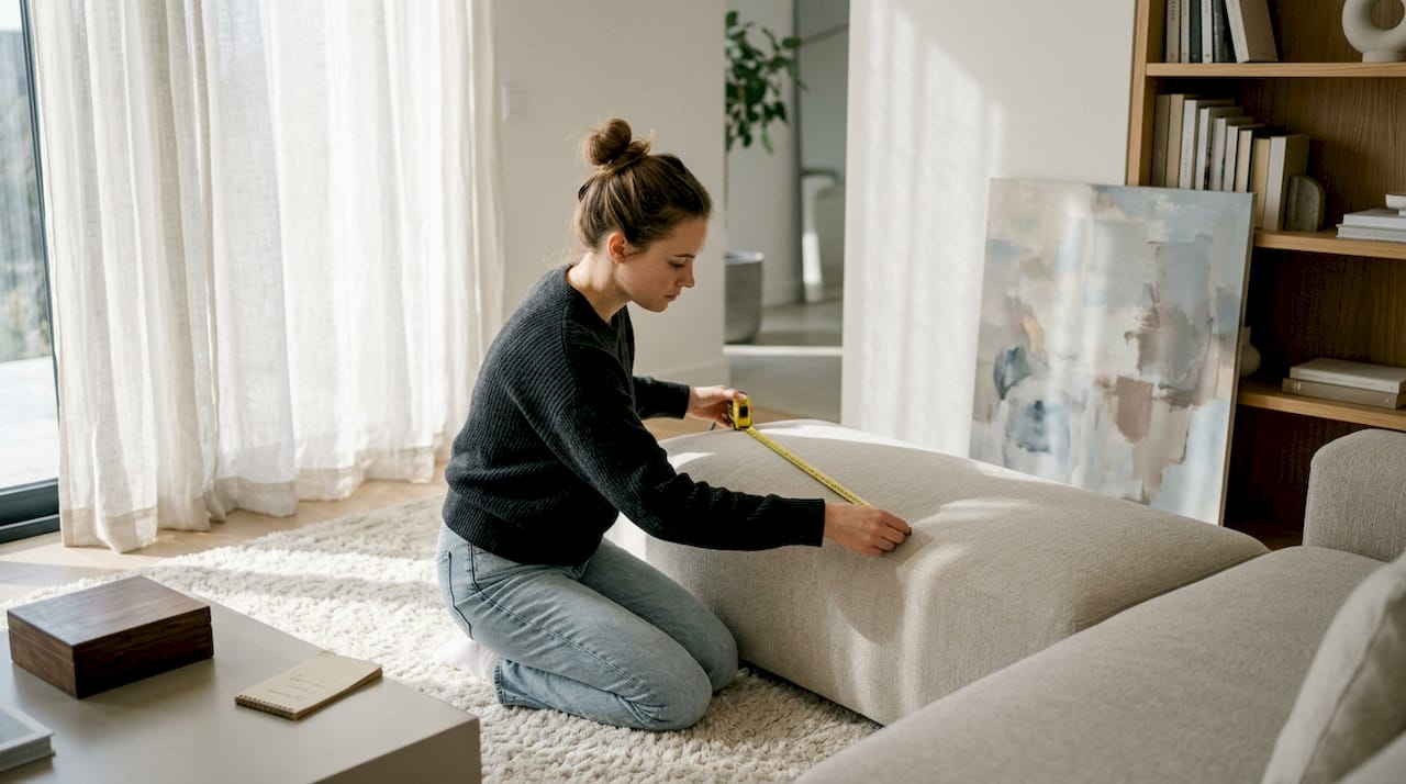 Hands measuring sofa width for canvas art sizing