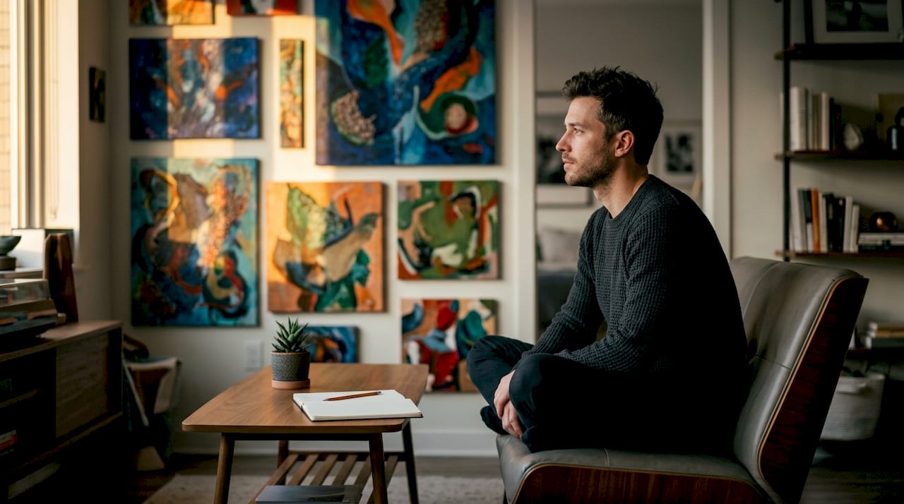 Man looking at artwork on contrast accent wall