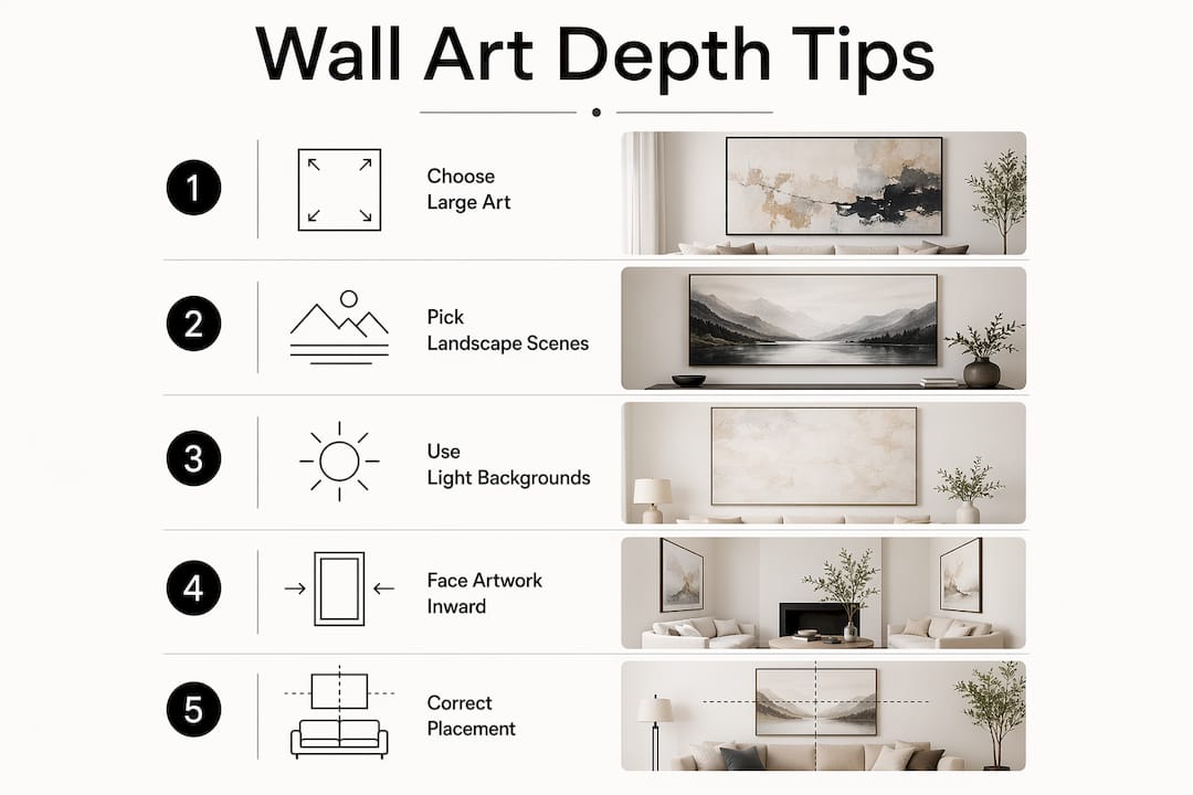 Infographic with steps to create depth using wall art in small rooms