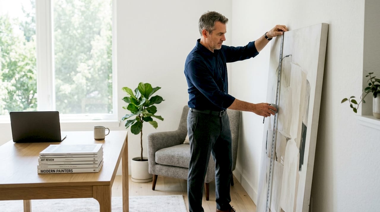 Man measuring wall art size for small space placement