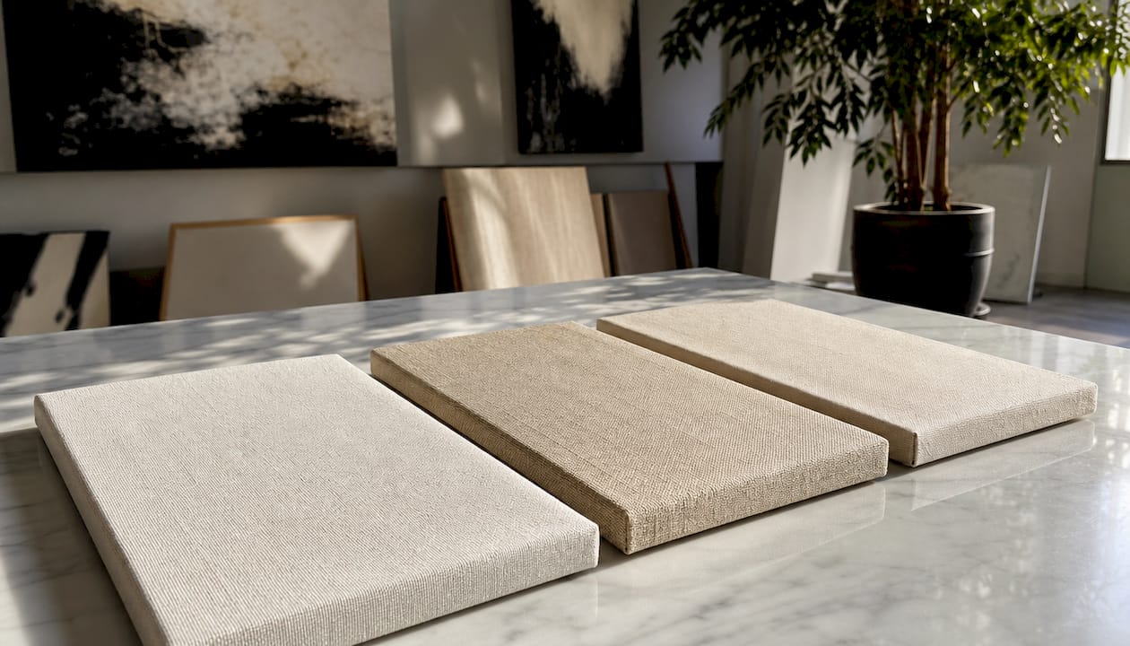Close-up of cotton, linen, synthetic canvas samples