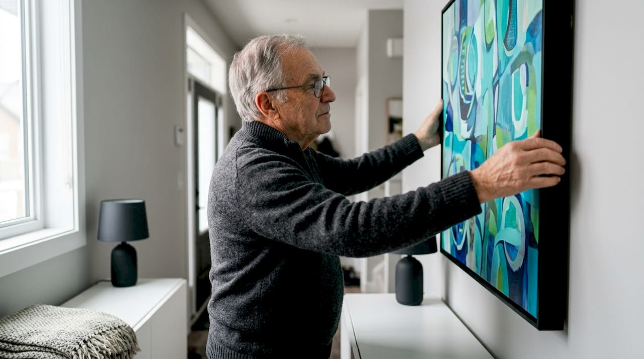 Elderly man adjusting colorful entryway art