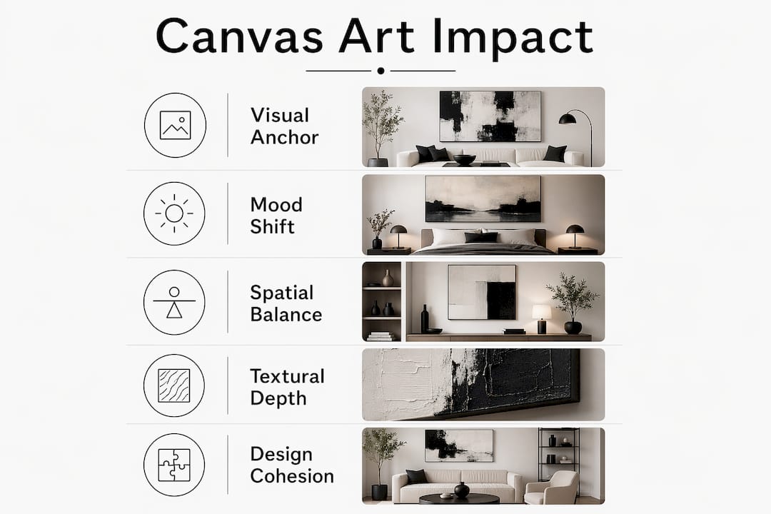 Infographic showing key impacts of bold canvas art on room atmosphere