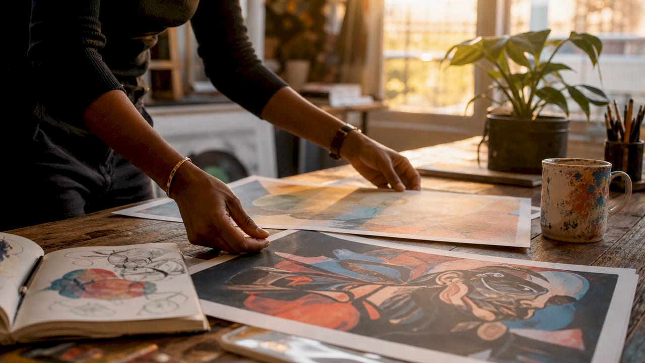 Hands arranging colorful art prints on table